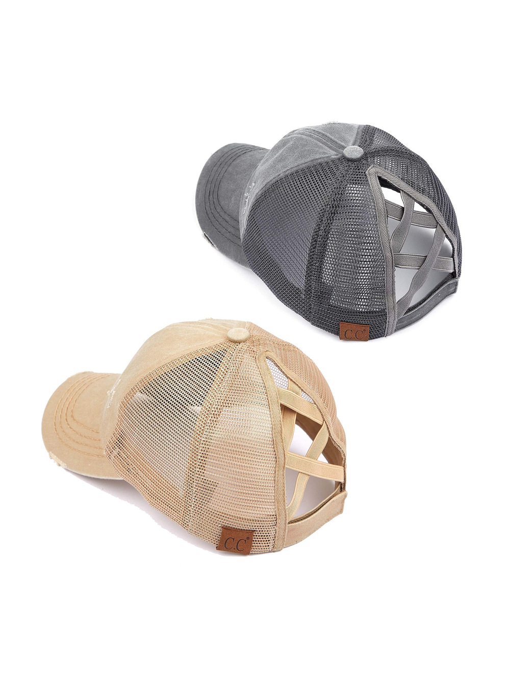 Criss Cross Ponytail Cap, Messy Bun Distressed | 2 Packs, Gray, Khaki | Size OS